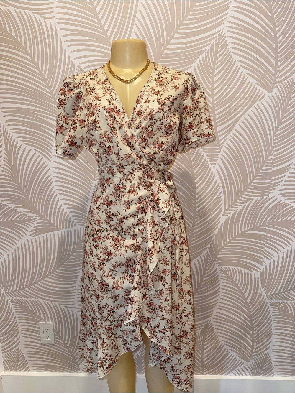 Floral Wrap Midi Dress in Cream with Pink Blooms